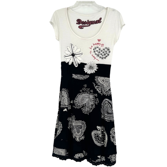 Desigual Artsy Heart Dress Black White A Line Short Sleeve Sequins Size M - Picture 1 of 10